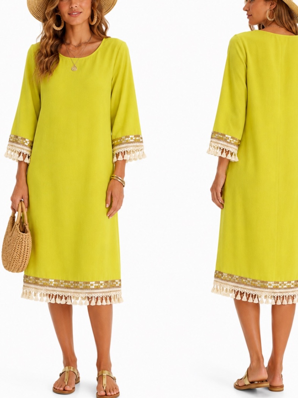 Boutique Boho Resortwear Chartreuse Fringe Sequin Statement Tunic Shift Dress M